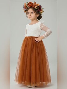 2Bunnies Girls' 12-14yr Rose Lace Tulle Long Sleeve Maxi Flower Girl Dress